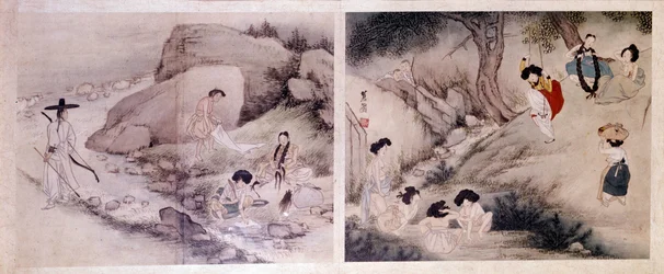 Art coreen: 衣服を洗い、身支度を整える女性、トイレを済ませ、娯楽を楽しむ女性。 Sin Yun Bok (または Hyewon) (b. 1758) による版画。 亨弼全集
