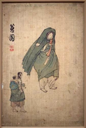 コートに身を包んだ女性が 2 人の子供のそばを通り過ぎる。 シン・ユンボク（1758～1813年頃）の画、紙にインク