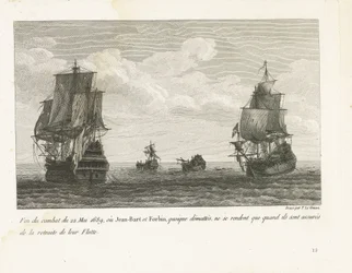 Einde van het gevecht van Jan Bart op 22 mei, 1689 1689 年 5 月 22 日の戦闘の終結。ジャン＝バールとフォーバンは、覆面を剥がされていたものの、艦隊の撤退が確実になったときにのみ降伏した (称号) Esの酋長、ジャン＝バールの戦いのコレクション