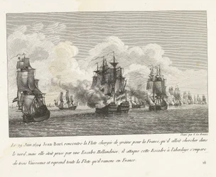 Jan Bart herovert graanschepen op een Hollands eskader、1694 1694 年 6 月 29 日、ジャン=バールはフランスに向けて穀物を積んだ艦隊に会い (...)、フランスに持ち帰ったすべての艦隊を乗っ取った (オブジェクトの称号) Eのチーフ、ジャン・バールの戦いのコレクション