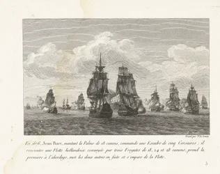 Jan Bart valt と zijn eskader een Hollandse vloot aan, 1676 1676 年、18 門のパルムを搭載したジャン バールは、5 隻のコルセアからなる戦隊を指揮しました (...) (オブジェクトのタイトル) ルイ14世時代の戦隊指揮官ジャン＝バールの戦闘集（連載タイトル）