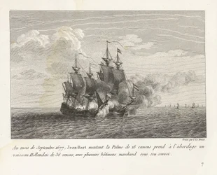 Jan Bart verovert een Hollands fregat、1677 1677 年 9 月、ジャン＝バールは 18 門のパルメに 36 門のオランダ船に乗り込み、護送船団の下に数隻の商船を乗せた (オブジェクトのタイトル) 戦いのコレクション