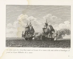 Jan Bart verovert een Hollands fregat bij Duinkerke、1675 同年、1675 年、ジャン＝バールは 10 門のコルセアを搭載しました。 ダンケルク港の出口で、彼は 12 門のオランダのフリゲート艦 (オブジェクトのタイトル) を受け取ります。 ジャン・バールの戦いの編集、ch