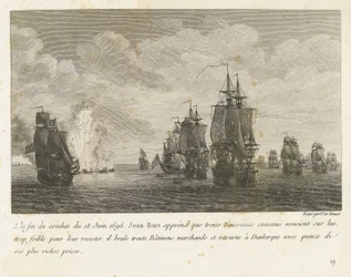 Treffen tussen een vloot onder Jan Bart en een Hollandse vloot、1696 1696 年 6 月 18 日の戦闘の終わりに、ジャン=バールは 13 隻の敵船 (...) を知り、15 の最も豪華な賞品 (オブジェクトの称号) を持ってダンケルクに戻ります。 コンバのコレクション