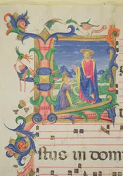 ミッサ515 f.72v歴史的な初期の「L」は、メアリーマグダレンに現れたキリストを描写し、1449年より前に実行された合唱団の本からフィリッポディマッテオトレリ（1409-68）によって照らされた国境