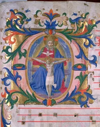 Ms 523 f.166r 三位一体が描かれた歴史的なイニシャル「O」、1446年から60年頃のミサールより（ヴェラム製）