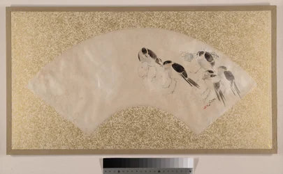 鳥、19世紀後半（アルバムリーフとしてマウントされた扇面画；紙にテンペラ）