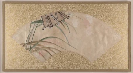 花（ピンクと白）と葉、拍子木、19世紀後半（アルバムリーフとしてマウントされた扇面画；紙にテンペラ）