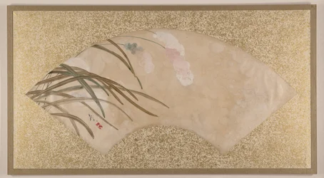 花と葉、19世紀後半（アルバムリーフとしてマウントされた扇面画、紙にテンペラ）
