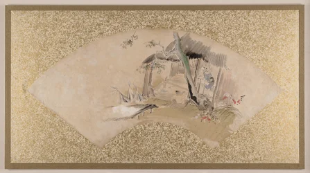 女と赤ん坊のいる家、19世紀後半（アルバムリーフとしてマウントされた扇面画；紙にテンペラ）