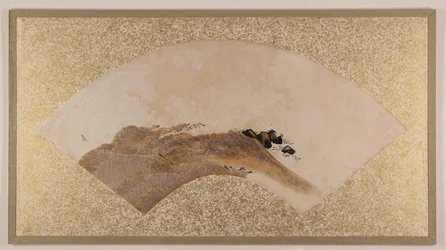 波と岩、19世紀後半（アルバムリーフとしてマウントされた扇面画、紙にテンペラ）