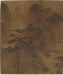 風景：山峡、霧、小川、建物