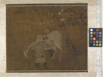 白馬を梳く新郎（シルクに色）