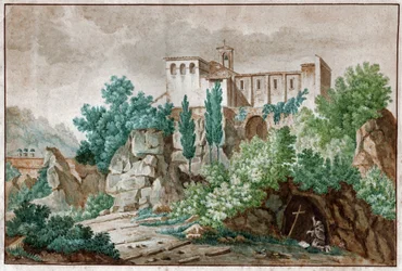 イタリアにある修道院。 洞窟でイエス・キリストの十字架を崇拝するペレリン。 1850年頃（水彩）