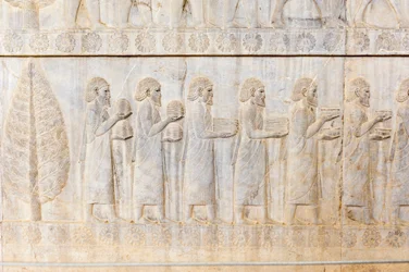 アケメネス朝の古代レリーフ、イオニア人の代表団、アパダナ宮殿、遺跡、ペルシャの古代都市ペルセポリス、ユネスコ世界遺産、ファールス州、イラン、アジア