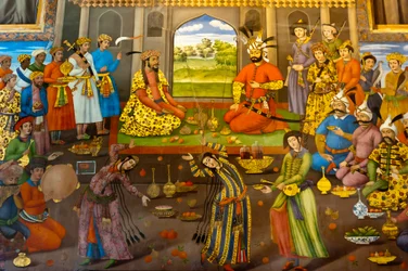 フレスコ画：踊り子たちとの宴、インドのムガル帝国皇帝ホマユーンを迎えるシャー・タフマースプ、1544年、チェル・ソトゥーン、四十柱の宮殿、イスファハン、イラン、アジア