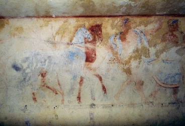 馬と男性像の葬送行列 イタリア・ラツィオ州タルクィニアのネクロポリス「青鬼の墓」フレスコ画（2004年ユネスコ世界遺産登録） エトルリア文明 紀元前5世紀頃