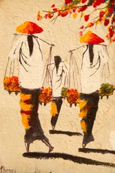 絵画；稲穂の帽子をかぶったアジアの女性；ビエンチャン；ラオス；東南アジア；アジア