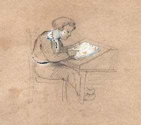 彼の机の上で仕事中の男子生徒。 1830年頃（イラスト）