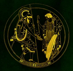 座っている戦士が彼のワインカップを保持している、JEハリソンとDSマッコールによるギリシャの花瓶の絵画からのイラスト、1894年に発行（デジタル拡張画像）