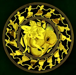 トライトンと格闘しているヘラクレス、JEハリソンとDSマッコールによるギリシャの花瓶の絵画からのイラスト、1894年に出版された（デジタル拡張画像）