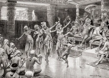 19世紀のアーティストによる、ハチソンヒストリーオブザネイションズ、パブ1915年のナハパナでの勝利を祝うガウタミプトラサタカラニの印象