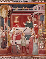 悪魔がヨブの繁栄時に神に試練を求めた様子 Bartolo di Fredi (or Manfredi De Battilori) (1330-1410) Collegiale de San Gimignano Italyによるフレスコ画