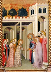 聖ヨアヒムと聖アンナを抱く聖母マリア、バルトロ・ディ・フレディ（1330-1410）の「聖母の物語を描いた祭壇画」の細部