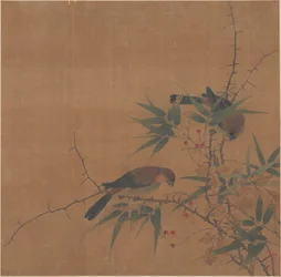 実と鳥の竹の枝