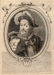 フランス王フランソワ1世（1494 - 1547）の肖像 - フランソワ1世、フランス王 - パリの「ファラモンからルイ14世までのフランスの各王の8月の表現」からのエングレーヴィング