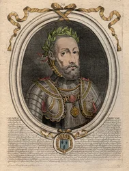 アンリ2世（1519-1559）フランス王の肖像 - アンリ2世（1519-59）フランス王 - パリの「ファラモンからルイ14世までのフランスの各王の8月の肖像」からのエングレービング