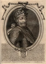 フィリップ・アウグスト2世(1165-1223)の肖像 - フィリップ・アウグスト2世(1165-1223)のフランス王 - パリの「ファラモンからルイ14世までのフランスの各王の8月の肖像」からのエングレービング