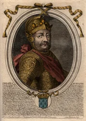 フィリップ・アウグスト2世(1165-1223)の肖像 - フィリップ・アウグスト2世(1165-1223)のフランス王 - パリの「ファラモンからルイ14世までのフランスの各王の8月の肖像」からのエングレービング