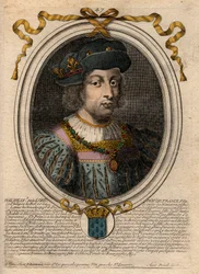フランス王フィリップ5世（1294-1322）の肖像 - フィリップ5世（1294-1322）「背の高い人」 - パリの「ファラモンからルイ14世までのフランスの全王のアウグスト表象図」からのエングレーヴィング