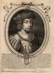 フランス王フィリップ5世（1294年～1322年）の肖像 - フィリップ5世（1294年～1322年）「背の高い人」 - パリの「ファラモンからルイ14世までのフランスの全王のアウグスト表象」からのエングレーヴィング