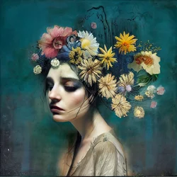 花と美しい少女, 抽象画, 壁掛けアート｜キャンバスプリント