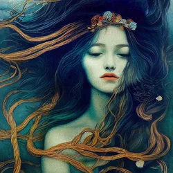 風に舞う髪の美少女、リアルな抽象キャンバス、