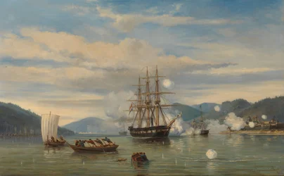 下関海峡を切り拓く蒸気戦艦メデューサ 1864年9月、九州と本州の間の下関海峡を強制的に通過するHMS「メデューサ」