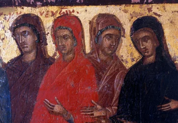 ギリシャ、クレタ島、パレア・ルーマタのビザンチン様式教会の木製パネル「敬虔な女性」（写真