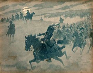 ナポレオン1世（1769-1821）の前を騎馬隊とともに通過するヨアヒム・ムラット（1767-1815）のアレゴリー。ジャック・マリー・ガストン・オンフレー・ド・ブレヴィル・ディット・ジョブ（1858-1931）によるエングレーヴィング。