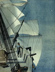 エジプト遠征（1798年〜1801年）：アレキサンドリアからフレガート船「ラ・ミューロン号」でエジプトに戻る、ナポレオン1世ボナパルト（1769年〜1821年）が一人で船橋で夜の地中海を眺める