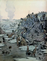 オーストリア戦役（1805年）：アウステルリッツの戦いの後、ナポレオン1世ボナパルト（1769-1821）とその兵士たちは12月2日に凍てつく湖からロシア人を救った