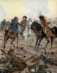 オーストリアのキャンペーン（1805年）。ウルムの戦い（1805年10月15日から17日の間）で、ルイ・アレクサンドル（Louis-Alexandre）・ベルティエ（1753-1815）とヨアヒム・ムラット（1767-1815）は、皇帝に自分の安全のために戦場から離れるように頼んだ - 『ナポレオン』では