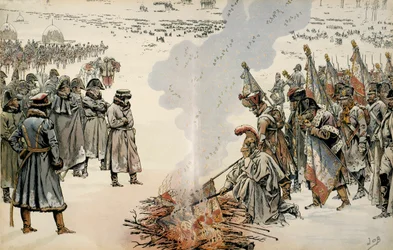 ロシア遠征（1812年）：ロシアからの撤退中、ナポレオン1世ボナパルト（1769-1821）は、敵に奪われるのを防ぐため、軍旗と鷲章を焼くよう命じた。ジョルジュ・モントルグイユ著『ナポレオン』より。ジャック・マリー・ガストン・オンフレによる挿絵。