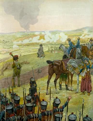 1813年のドイツ遠征。1813年5月20日、21日のバウツェンの戦いで、ドラム缶に座って戦闘戦略を練るナポレオン1世ボナパルト（1769-1821）。ジョルジュ・モントルグイユの『ナポレオン』より。ジャック・マリー・ガストン・オンフレー・ド・ブレヴィルによるイラスト
