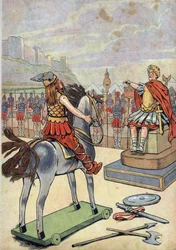 フランス史。玩具で表したローマ領ガリアの場面：紀元前52年のアレシアの戦いの後、ガリア人の指導者ウェルキンゲトリクス（紀元前72-46年）がローマの将軍ユリウス・カエサル（紀元前100-44年）のもとへ向かう。「歴史で遊ぼう：二人の小さなフランス人の玩具で演じられたフランス」所収。I