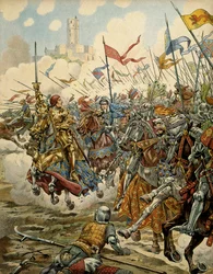 中世のフランスの歴史（中世）。慎重派と呼ばれる国王ルイ11世（1423-1483）は、7月16日に行われたリーグ・デュ・ビエン・パブリックとのモントレリーの戦いで、軍の先頭に立っている