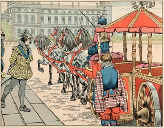 ジャック・マリー・ガストン・オンフレー・ドゥ・ブレヴィル（JOB）（1858-1931）が描いた「Le bon roy Henri」から引用したイラスト。1610年5月14日、アンリ4世は屋根のない馬車に乗ることを後悔している - 個人蔵