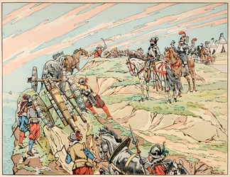 Jacques Marie Gaston Onfray de Breville dit JOB (1858-1931)が描いた「Le bon roy Henri」からの抜粋：戦争中のアンリ4世が大砲を持ってディエップの近くに陣を張っている様子 - 個人蔵
