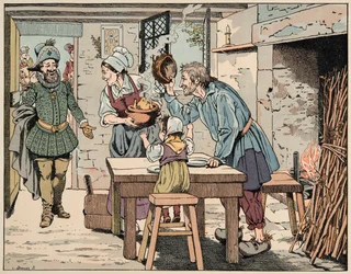 Jacques Marie Gaston Onfray de Breville dit JOB (1858-1931)が描いた「Le bon roy Henri」からの引用イラスト：農民の中のアンリ4世、鍋の中の鶏を食べる - 個人蔵